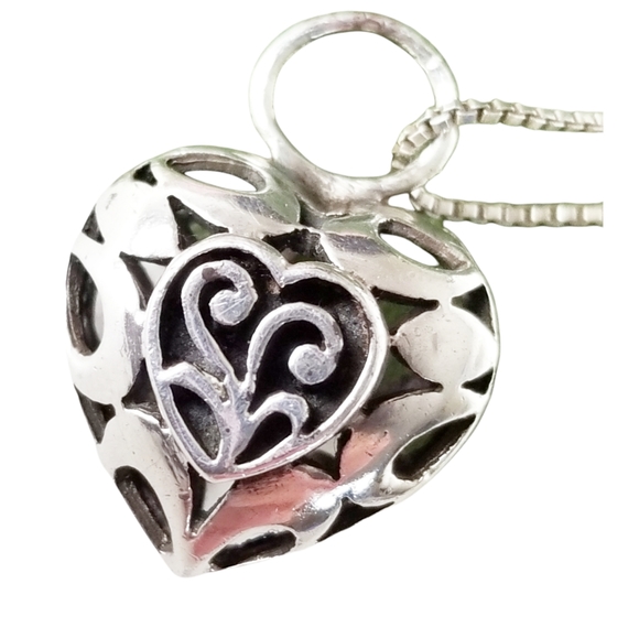 925 Sterling Silver Openwork 3-D Heart w/ Carnelian Gemstone Pendant Necklace - Picture 4 of 8